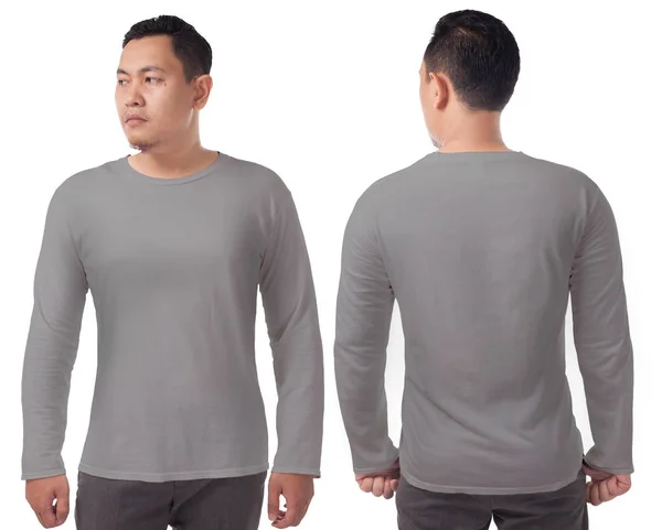 灰色长袖 恤模拟起来 正面和背面视图 男模特穿素色灰色衬衫样机 长袖衬衫设计模板 恤的打印 — 图库照片