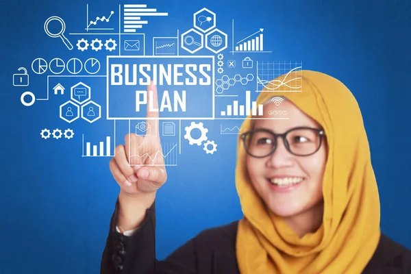 Business Concept Donna Affari Che Scrive Parole Business Plan Sullo — Foto Stock