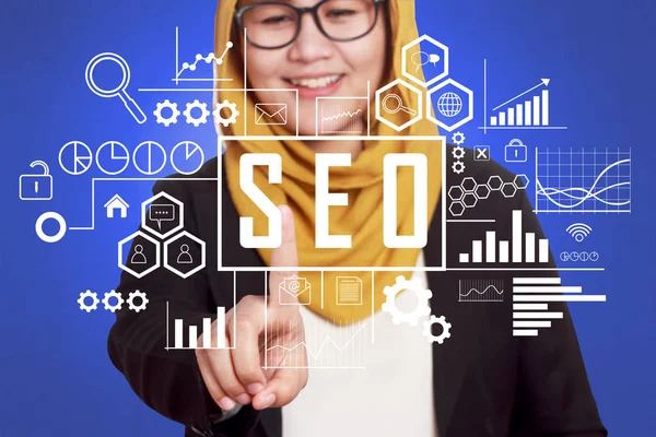 Business Concept Businesswoman Writing Seo Search Engine Optimizer Words Virtual — Stock Photo, Image