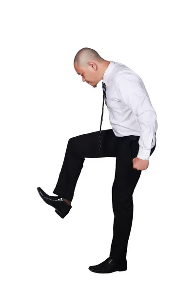 Junger Geschäftsmann Weißem Anzug Und Schwarzer Hose Stampft Geste Isoliert — Stockfoto