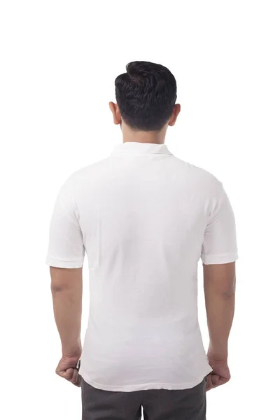 Adam Ayakta Poz Giyen Düz Beyaz Polo Gömlek Yazdırma Arka — Stok fotoğraf