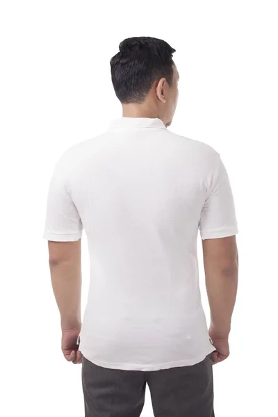 Мужчина Стоящий Простой Белой Рубашке Поло Пустая Футболка Макет Печати — стоковое фото