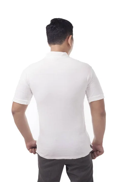 Hombre Pie Posando Vistiendo Polo Blanco Liso Camiseta Blanco Maqueta — Foto de Stock