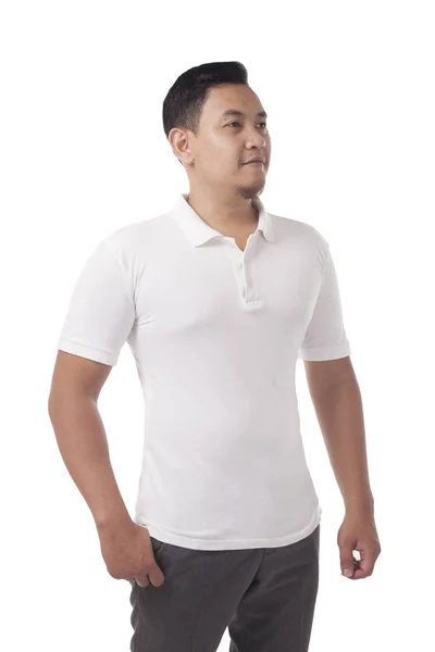 Weißes Polo Shirt Attrappe Frontansicht Männliche Modell Tragen Schlichte Weiße — Stockfoto