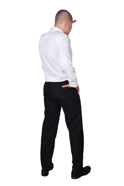 Young Businessman Wearing White Suit Black Pants Looking Forward Gesture — Stock Photo, Image