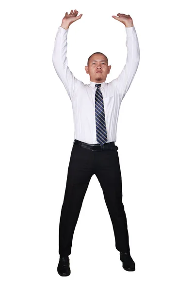 Jovem Empresário Vestindo Terno Branco Calças Pretas Segurar Ele Carrega — Fotografia de Stock
