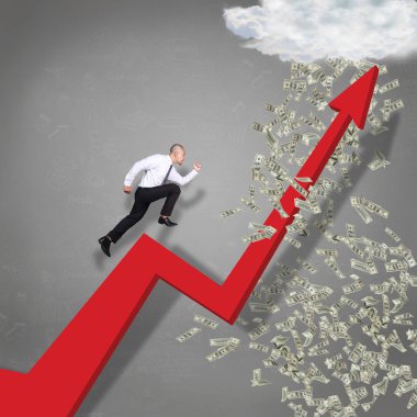 Pportrait Asya işadamı yalak iş büyüme ok, mali kar başarı kavramı, yağmur para peşinde adam çalıştıran