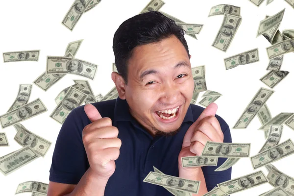 Porträt Eines Glücklichen Erfolgreichen Jungen Asiatischen Milliardärs Der Glücklich Geldregen — Stockfoto