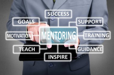 İş kavramı. İşadamı onun tablete mentorluk düğmesini tıklatın. Gol metin tipografi tasarım