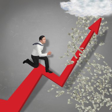 Pportrait Asya işadamı yalak iş büyüme ok, mali kar başarı kavramı, yağmur para peşinde adam çalıştıran