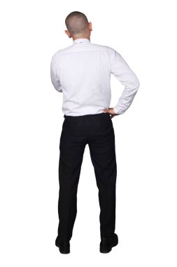 Beyaz takım ve siyah pantolon jest düşünme genç iş adamı. Beyaz izole. Arka görünümü tam vücut portre