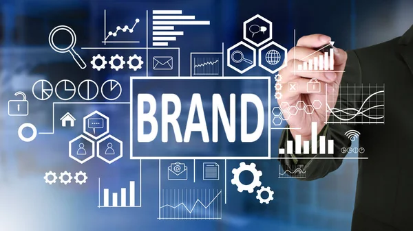 Business Concept Uomo Affari Che Scrive Brand Word Sullo Schermo — Foto Stock