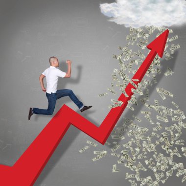 Pportrait Asya işadamı yalak iş büyüme ok, mali kar başarı kavramı, yağmur para peşinde adam çalıştıran