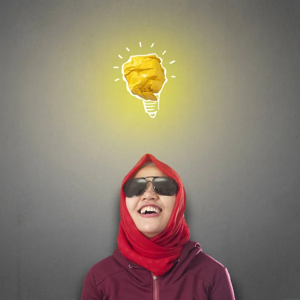 Portrait Successful Asian Muslim Woman Smiling Happy Bright Light Bulb — Stok Foto