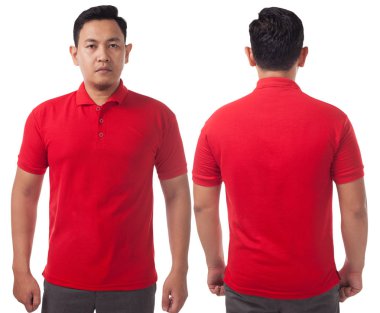 Boş yakalı gömlek şablonu, önden ve arkadan görünüm, Asya erkek model beyaz izole düz kırmızı t-shirt giyen kadar sahte. Polo tişört tasarım mockup tanıtımı için yazdırma.