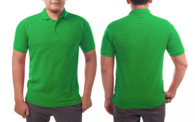 Boş yakalı gömlek şablonu, önden ve arkadan görünüm, Asya erkek model beyaz izole düz yeşil t-shirt giyen kadar sahte. Polo tişört tasarım mockup tanıtımı için yazdırma.