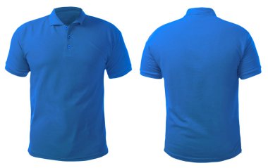 Boş yakalı gömlek şablonu, ön ve arka görünümü, üzerinde beyaz, düz mavi t-shirt mockup izole kadar sahte. Polo tişört tasarım sunum için yazdırma.