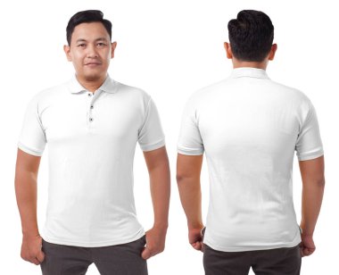 Boş yakalı gömlek şablonu, önden ve arkadan görünüm, Asya erkek model beyaz izole düz beyaz t-shirt giyen kadar sahte. Polo tişört tasarım mockup tanıtımı için yazdırma.