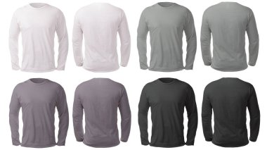 Boş uzun kollu gömlek şablonu, ön ve arka görünümü, beyaz, düz siyah beyaz ve gri t-shirt mockup üzerinde izole kadar sahte. Tee kazak kazak tasarım sunum için yazdırma.