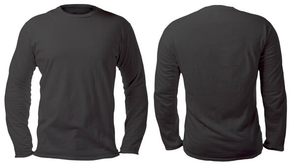 Blank long sleeved shirt mock up template, front and back view, isolated on white, plain black t-shirt mockup. Tee sweater sweatshirt design presentation for print.