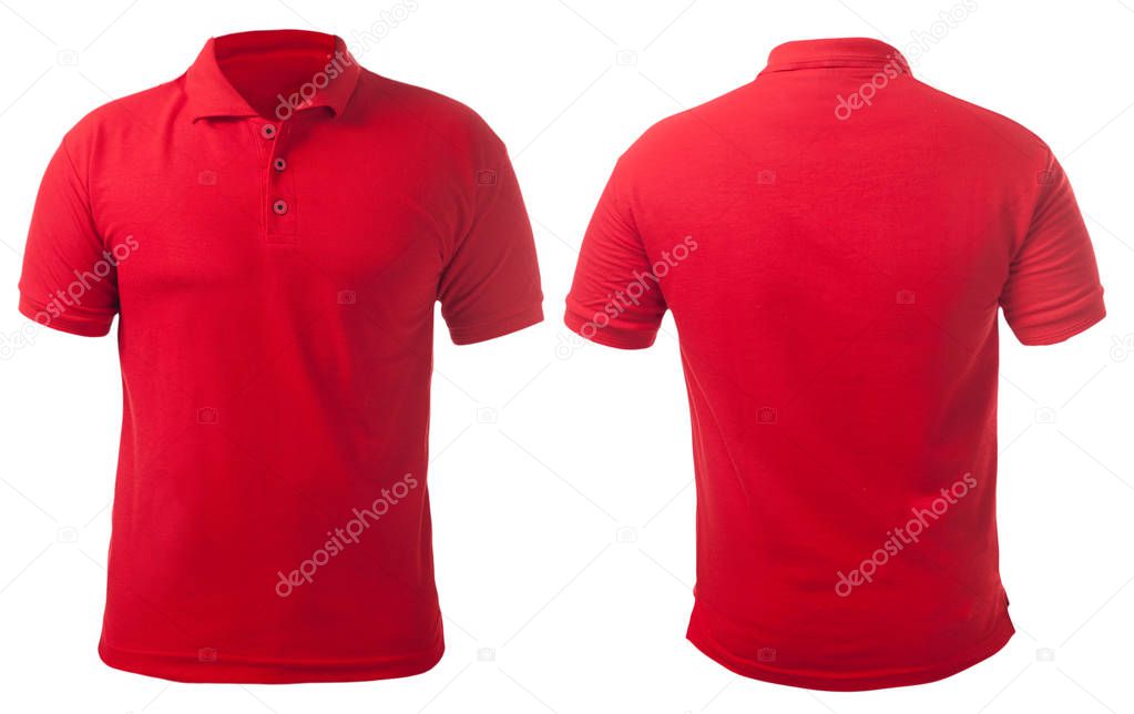Blank collared shirt mock up template, front and back view, isolated on white, plain red t-shirt mockup. Polo tee design presentation for print.
