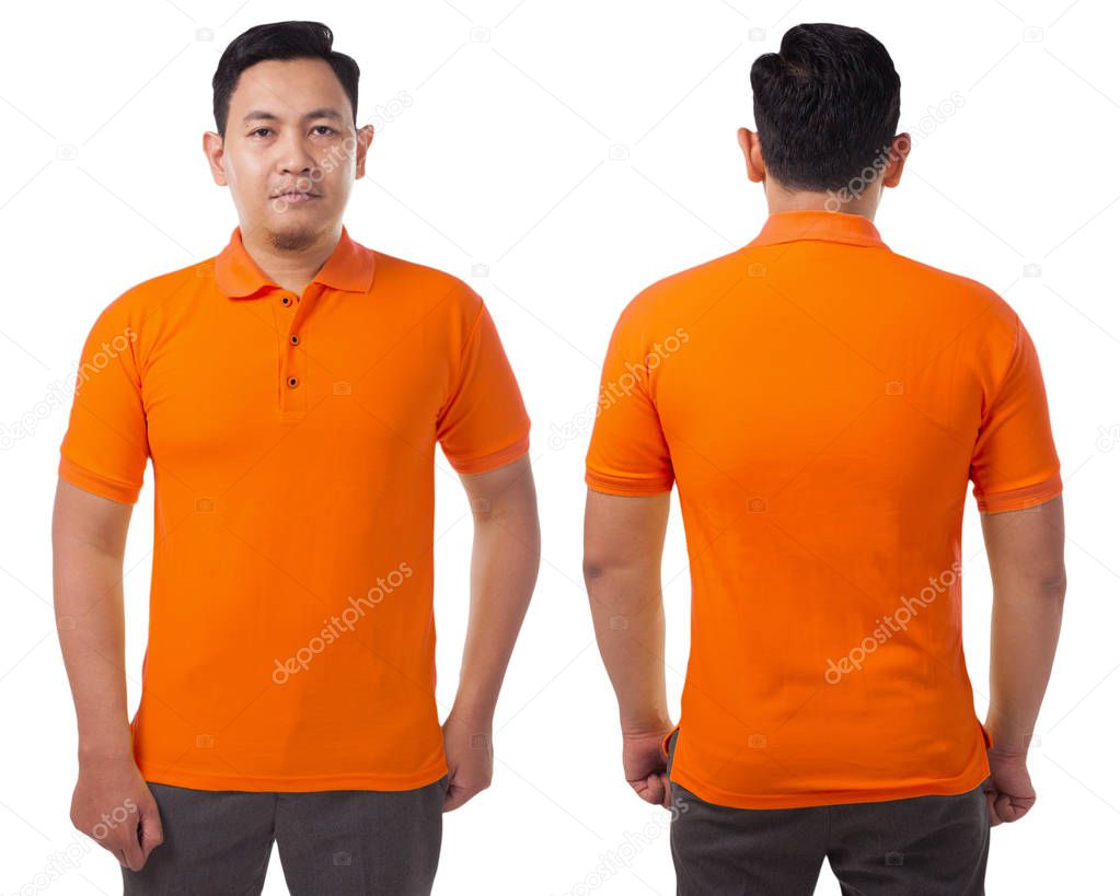 Blank collared shirt mock up template, front and back view, Asian male model wearing plain orange t-shirt isolated on white. Polo tee design mockup presentation for print.