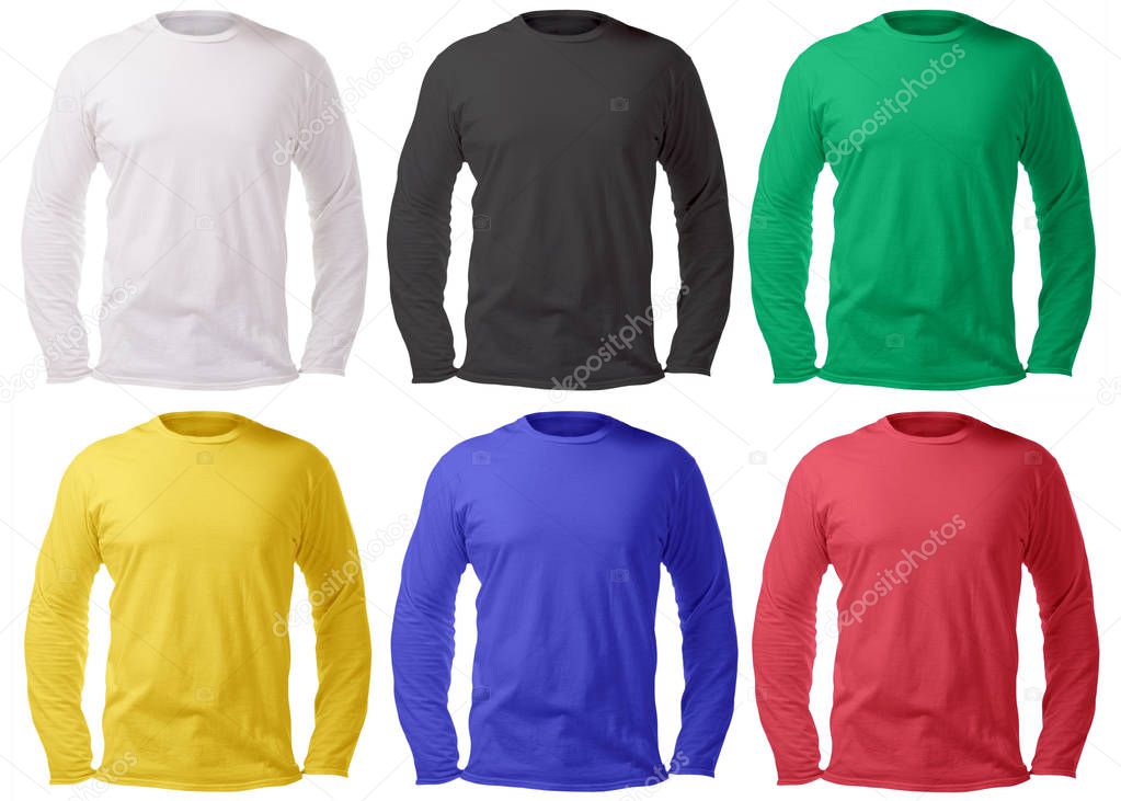 Blank long sleeved shirt mock up template, front and back view, isolated on white, plain t-shirt mockup in many color. Tee sweater sweatshirt design presentation for print.