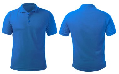 Boş yakalı gömlek şablonu, ön ve arka görünümü, üzerinde beyaz, düz mavi t-shirt mockup izole kadar sahte. Polo tişört tasarım sunum için yazdırma.