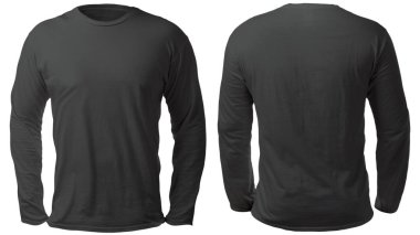 Boş uzun kollu gömlek şablonu, ön ve arka görünümü, üzerinde beyaz, düz siyah t-shirt mockup izole kadar sahte. Tee kazak kazak tasarım sunum için yazdırma.