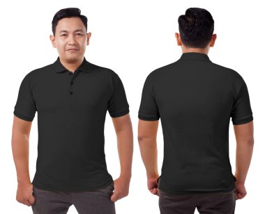 Boş yakalı gömlek şablon, ön ve arka görünüm, Asyalı erkek manken sade siyah tişört giyiyor, beyaza izole edilmiş. Baskı için polo tee tasarımı modelleme sunumu.