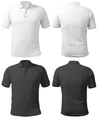Boş şablon, yakalı gömlek sahte ön ve arka görünüm, üzerinde beyaz, düz siyah ve beyaz tişört mockup izole. Polo tişört tasarım sunum için yazdırma.