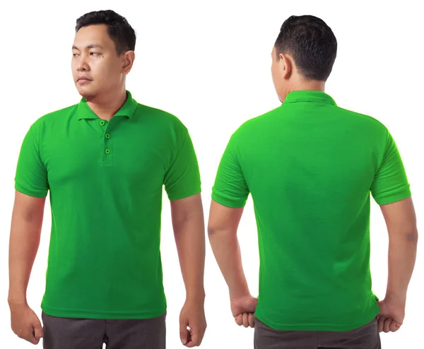 空白の襟のシャツ テンプレート 正面および背面 白で隔離プレーン グリーンの シャツを身に着けているアジアの男性モデルを模擬 シャツ デザインのモックアップ用プレゼンテーションを印刷します — ストック写真