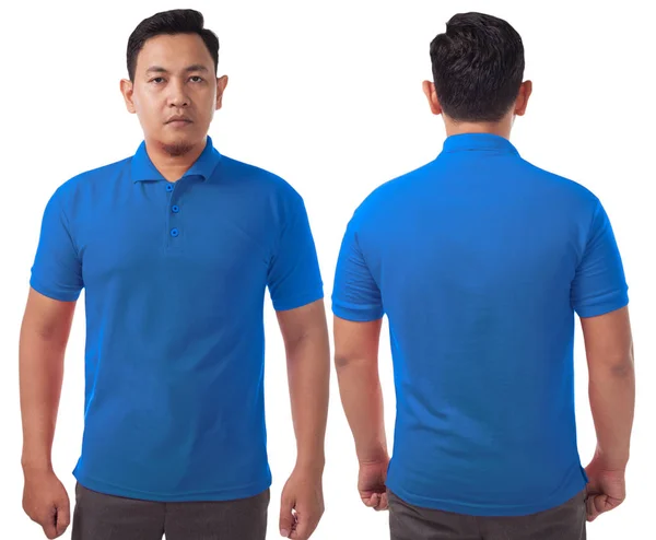 空白の襟のシャツ テンプレート 正面および背面 白で隔離プレーンの青い シャツを着てアジアの男性モデルを模擬 シャツ デザインのモックアップ用プレゼンテーションを印刷します — ストック写真