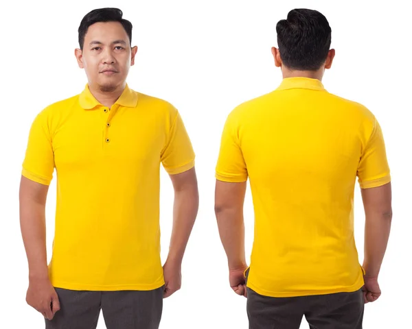 空白の襟のシャツ テンプレート 正面および背面 白で隔離プレーンの黄色の シャツを身に着けているアジアの男性モデルを模擬 シャツ デザインのモックアップ用プレゼンテーションを印刷します — ストック写真