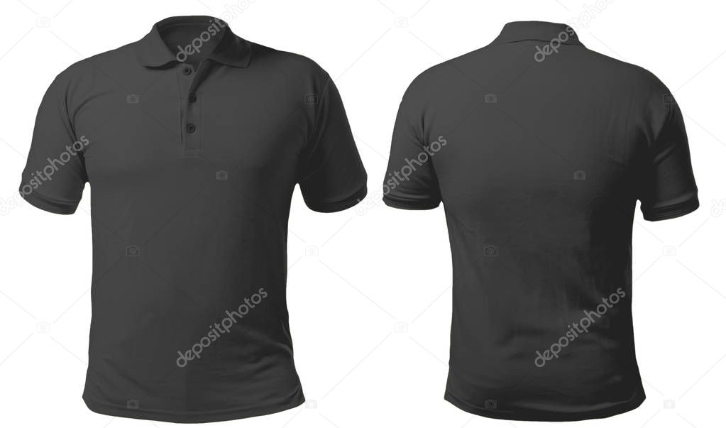 Blank collared shirt mock up template, front and back view, isolated on white, plain black t-shirt mockup. Polo tee design presentation for print.