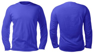 Boş uzun kollu gömlek şablonu, ön ve arka görünümü, üzerinde beyaz, düz mavi t-shirt mockup izole kadar sahte. Tee kazak kazak tasarım sunum için yazdırma.