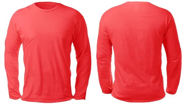 空白长袖衬衫模拟模板 正面和背面的视图 隔离在白色 纯红色 T恤模型 用于打印的 Tee 毛衣运动衫设计演示文稿 — 图库照片