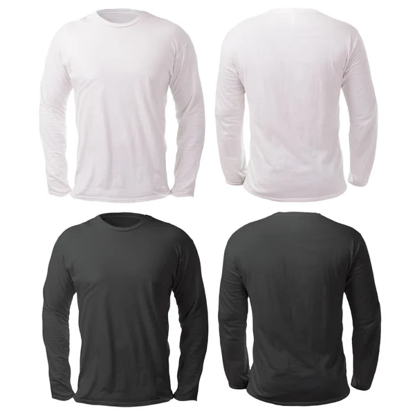 Blank long sleeved shirt mock up template, front and back view, isolated on white, plain black and white t-shirt mockup. Tee sweater sweatshirt design presentation for print.