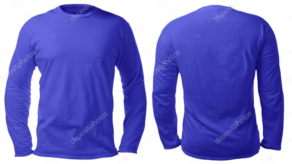 Blank long sleeved shirt mock up template, front and back view, isolated on white, plain blue t-shirt mockup. Tee sweater sweatshirt design presentation for print.