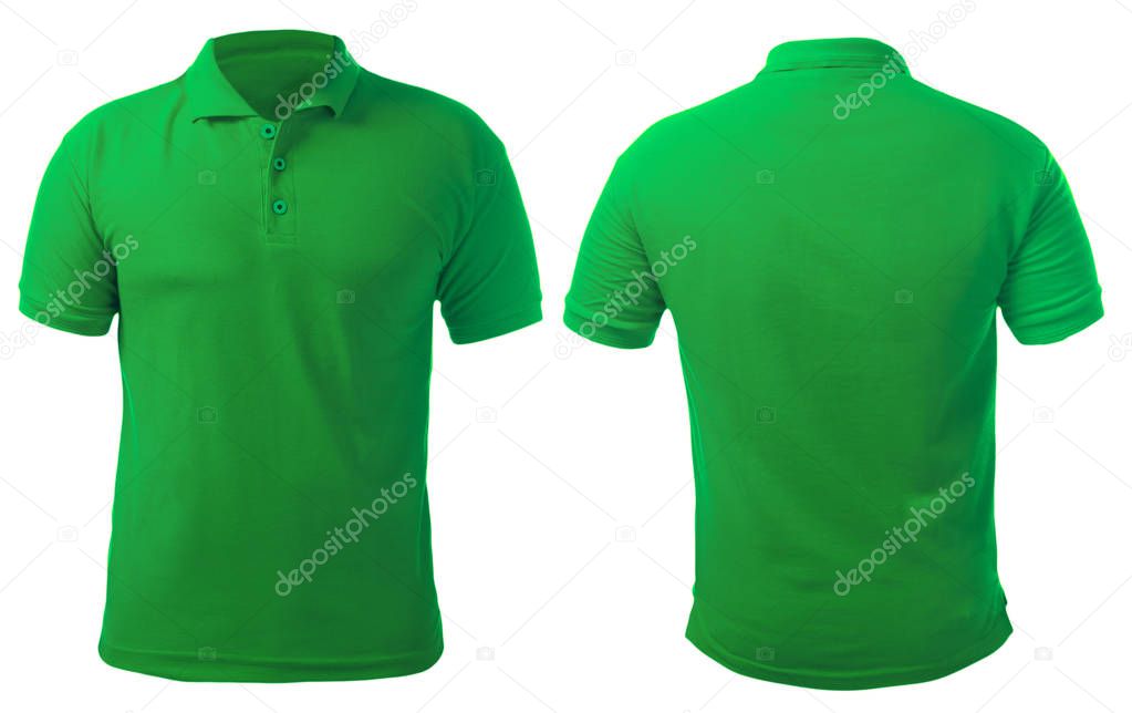 Blank collared shirt mock up template, front and back view, isolated on white, plain green t-shirt mockup. Polo tee design presentation for print.