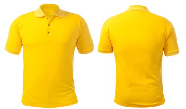 Boş yakalı gömlek şablonu, ön ve arka görünümü, üzerinde beyaz, düz sarı tişört mockup izole kadar sahte. Polo tişört tasarım sunum için yazdırma.