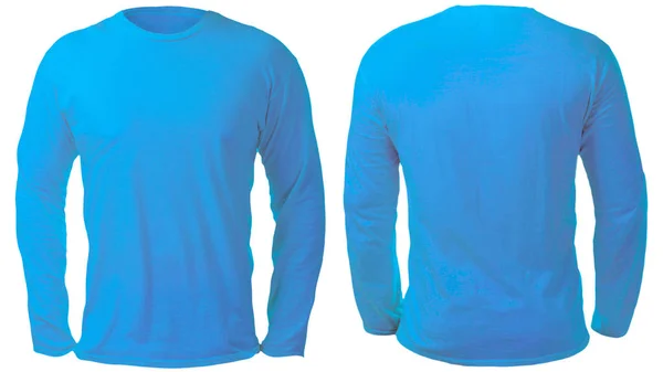 空白のテンプレート モックアップ長袖シャツ前面図と背面図 普通の青い シャツ モックアップに分離されました シャツ セーター トレーナー デザイン プレゼンテーションを印刷します — ストック写真