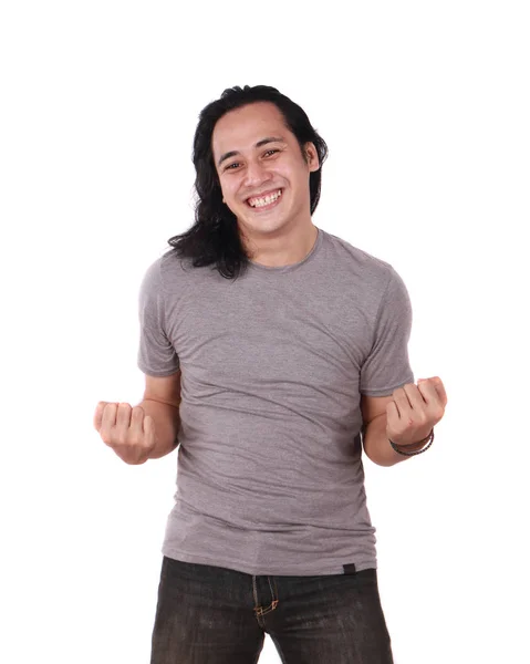 Retrato Joven Asiático Con Una Camisa Gris Casual Muestra Gesto — Foto de Stock