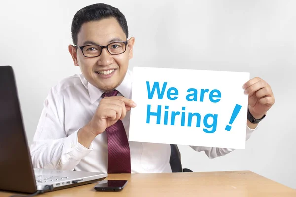Portrait Happy Smiling Asian Businessman Shows Hiring Announcement Hiring Recruitment — Stock Photo, Image