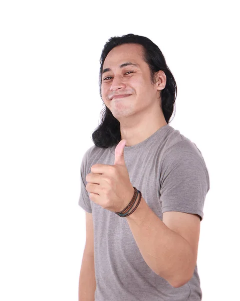 Foto Imagen Retrato Divertido Atractivo Lindo Joven Asiático Camisa Gris — Foto de Stock