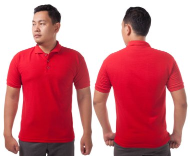 Boş yakalı gömlek şablonu, önden ve arkadan görünüm, Asya erkek model beyaz izole düz kırmızı t-shirt giyen kadar sahte. Polo tişört tasarım mockup tanıtımı için yazdırma.