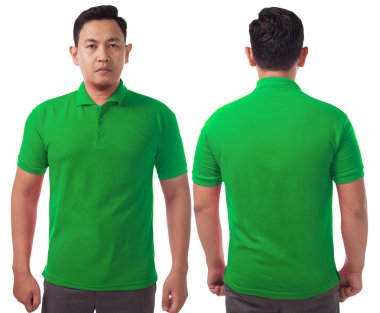 Boş yakalı gömlek şablonu, önden ve arkadan görünüm, Asya erkek model beyaz izole düz yeşil t-shirt giyen kadar sahte. Polo tişört tasarım mockup tanıtımı için yazdırma.