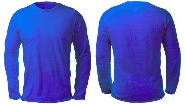 Boş uzun kollu gömlek şablonu, ön ve arka görünümü, üzerinde beyaz, düz mavi t-shirt mockup izole kadar sahte. Tee kazak kazak tasarım sunum için yazdırma.