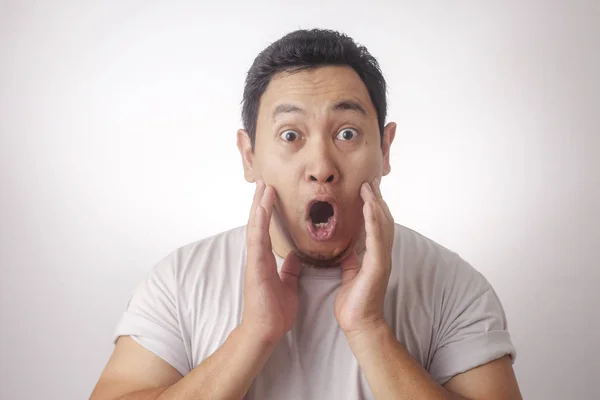 Portrait Young Funny Asian Man White Shirt Gesturing Shocked Surprised — Stock Photo, Image