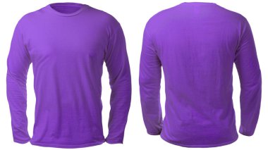 Boş uzun kollu gömlek şablonu, ön ve arka görünümü, üzerinde beyaz, düz mor t-shirt mockup izole kadar sahte. Tee kazak kazak tasarım sunum için yazdırma.